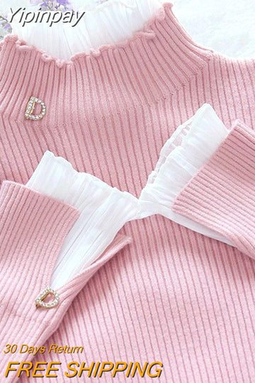 Yipinpay bottoming sweater fake two-piece pullover lace lotus leaf fungus edge collar top female autumn summer new bell sleeves